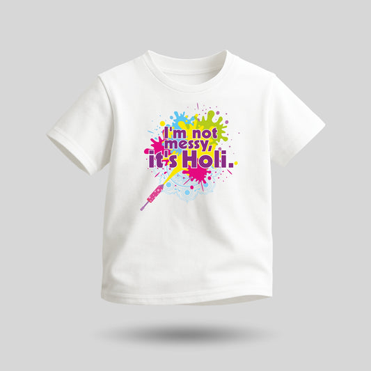 Luv My India Round Neck Kids T-shirt | Pure Cotton Messy Holi Print | White Unisex Holi T-shirt