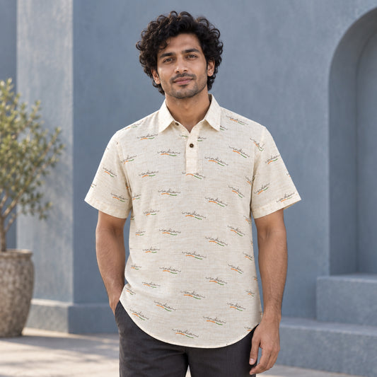 India Script Short Sleeve Shirt | Authentic Khadi Cotton