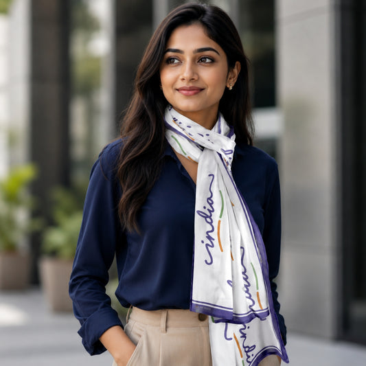 India Script Satin Stole | Unisex | White & Blue