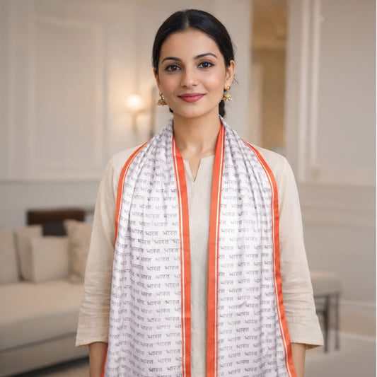 Bharat Satin Stole | Unisex | White & Saffron