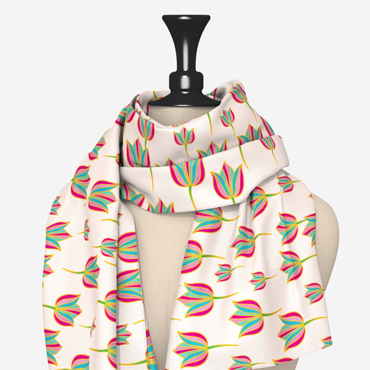 Pink Lotus Motifs Scarf | Luv My India Bemberg Vegan Silk Scarf | Digital Print 150x45 CM Patriotic Scarf