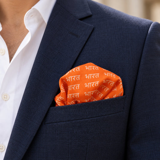 Bharat Signature Print | Premium Modal Silk Stole and Pocket Square Set | Saffron