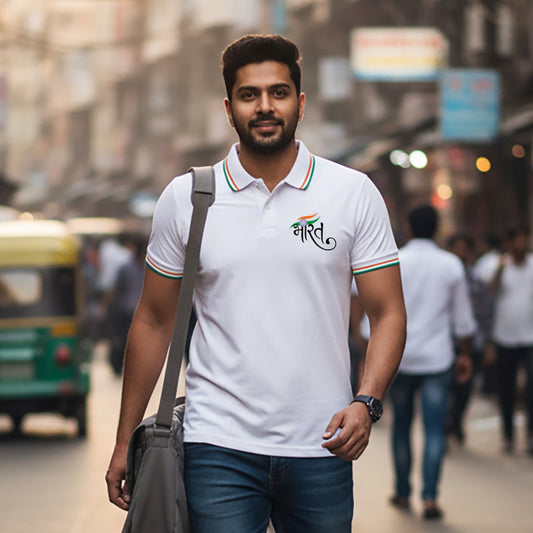 Bharat | Tricolour PCPQ Polo Neck Unisex T-Shirt | Pure Cotton Luv My India Fashion | Tricolour Stripe Patriotic T-Shirt