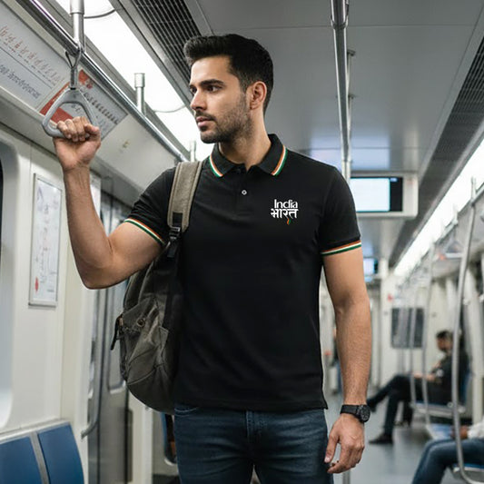 India Bharat Tiranga Stripe | Tricolour PCPQ Polo Neck Unisex T-Shirt | Pure Cotton Luv My India Fashion | Tricolour Stripe Patriotic T-Shirt