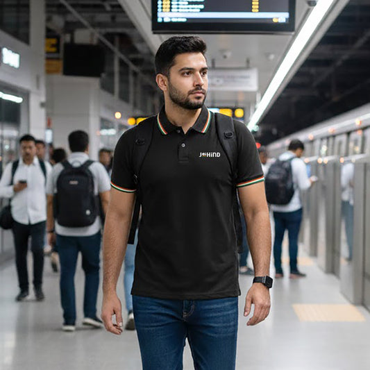 Jai Hind Tiranga Stripe | Tricolour PCPQ Polo Neck Unisex T-Shirt | Pure Cotton Luv My India Fashion | Tricolour Stripe Patriotic T-Shirt