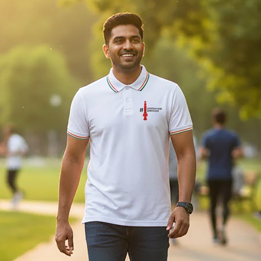 Operation Sindoor Theme | Tricolour PCPQ Polo Neck Unisex T-Shirt | Pure Cotton Luv My India Fashion | Tricolour Stripe Patriotic T-Shirt