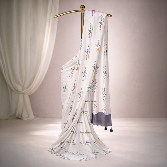 India Script Satin Saree | Contemporary Patriotic Design