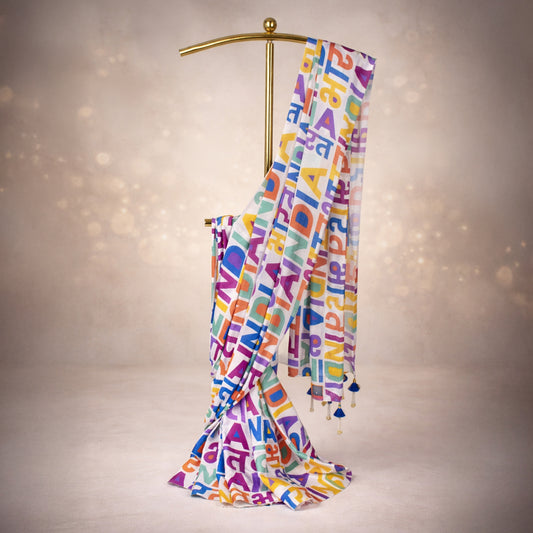 India Bharat Typography Satin Saree | Vibrant Multicolour Design