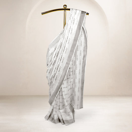 India Bharat Silver Zari Border Linen Saree | Gracefully Patriotic Design