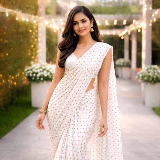 Polka Dot Pure Georgette Saree | Elegant Tricolour Design