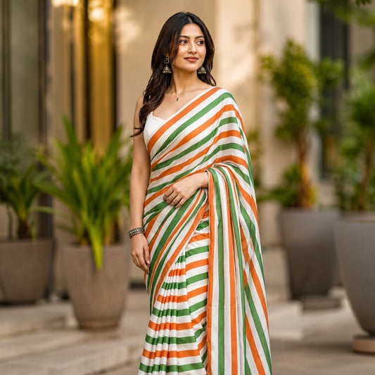 Tricolour Stripes Satin Saree