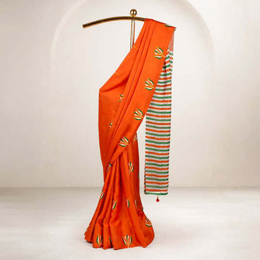 Lotus Orange Modal Silk Saree | Vibrant Tricolour Design