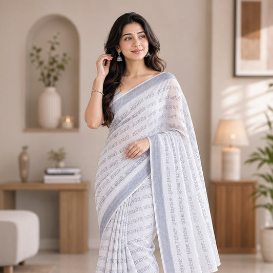 Satyameva Jayate Silver Zari Border Linen Saree