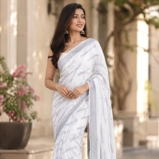 Hindustan Silver Zari Border Linen Saree