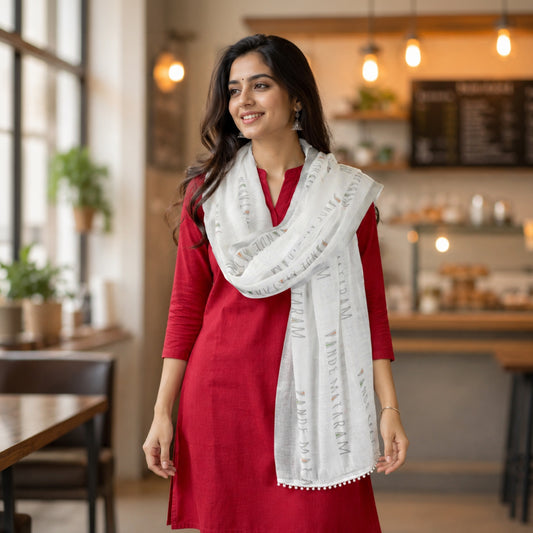 Vande Mataram Silver Zari Border Linen Stole