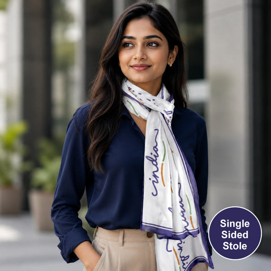 India Script Modal Silk Stole | Unisex | White & Blue