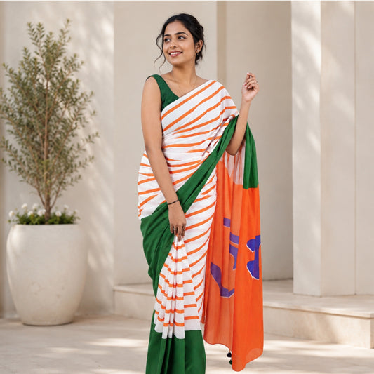 Bharat Typography Striped Mulmul Cotton Saree