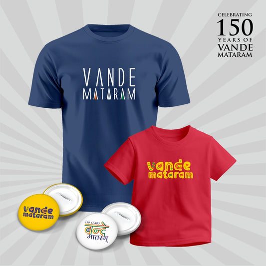 Vande Mataram | Patriotic Curated Combo | Round Neck Pure Cotton Blue Unisex T-Shirt | Round Neck Pure Cotton Red Kids' T-Shirt | 2.5x2.5 CM Round Badges