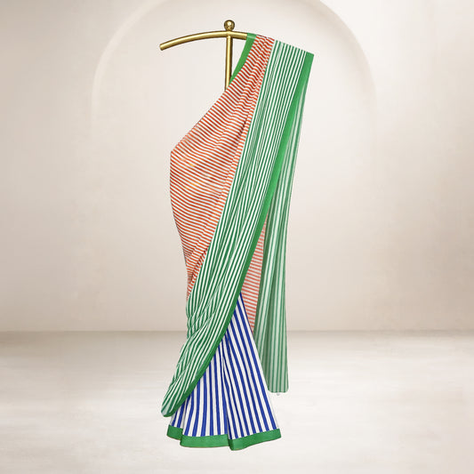 Striped Pure Mulmul Cotton Saree | Contemporary Tricolour Design