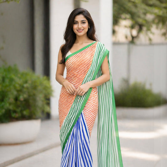Striped Pure Mulmul Cotton Saree | Contemporary Tricolour Design