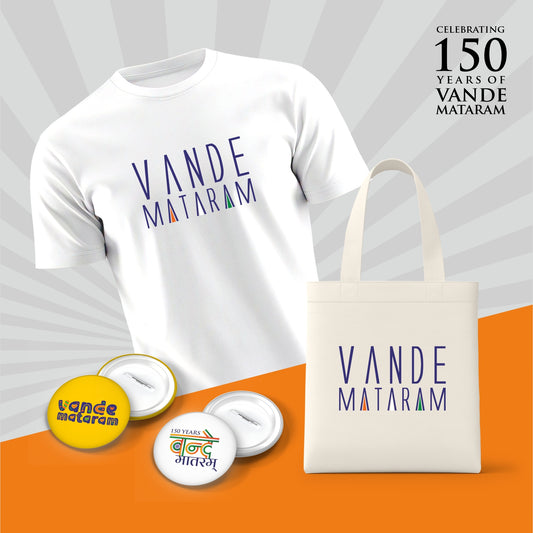 Vande Mataram | Patriotic Curated Combo | Round Neck Pure Cotton White Unisex T-Shirt | 2.5x2.5 CM Round Badges | 14x16 Inch Cotton Canvas Tote Bag