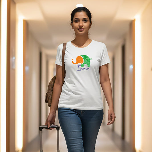 Tiranga Elephant Design | Round Neck Women’s T-Shirt | Pure Cotton Luv My India Fashion | Patriotic T-Shirt