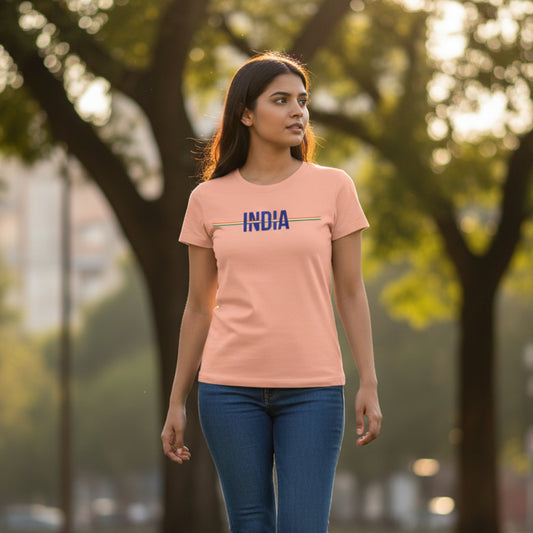 India | Round Neck Women’s T-Shirt | Pure Cotton Luv My India Fashion | Tiranga / Tricolour Patriotic T-Shirt