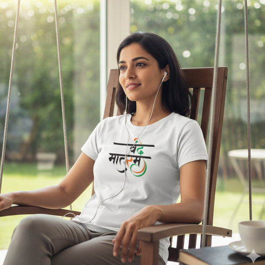 Vande Mataram | Round Neck Women’s T-Shirt | Pure Cotton Luv My India Fashion | Tiranga / Tricolour Patriotic T-Shirt