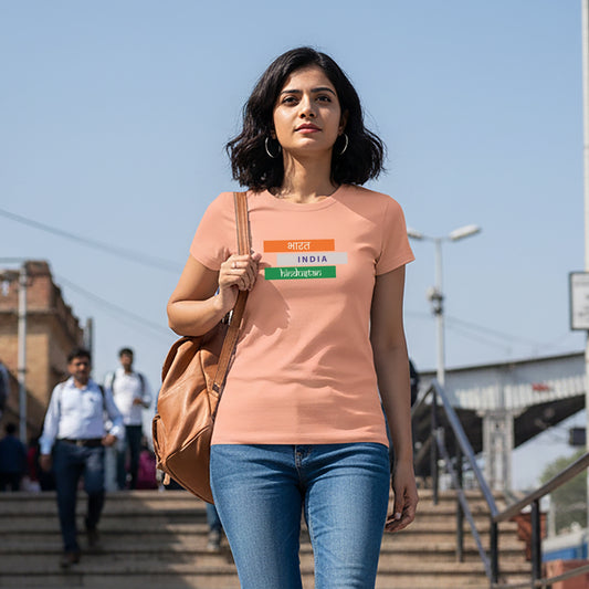 Bharat, India, Hindustan In Tiranga | Round Neck Women’s T-Shirt | Pure Cotton Luv My India Fashion | Patriotic T-Shirt