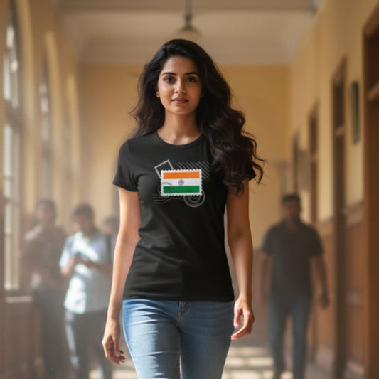 Tiranga Vintage Stamp | Round Neck Women’s T-Shirt | Pure Cotton Luv My India Fashion | Patriotic T-Shirt