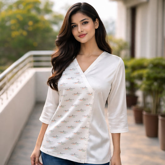 India Cursive Script | Asymmetrical Women’s Top | Modal Satin with Inner Lining | Classic White