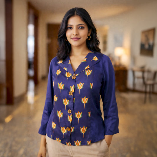 Lotus Bloom | Collared Women’s Top | Modal Satin | Midnight Blue