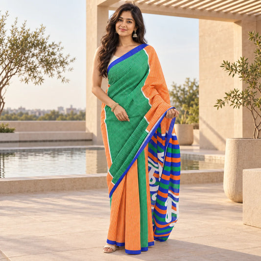 Vande Mataram Tricolour Striped Mul Cotton Saree