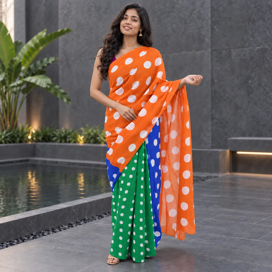 Tricolour Polka Dot Mul Cotton Saree