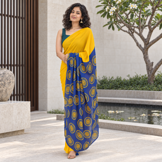 Golden Chakra Georgette Saree