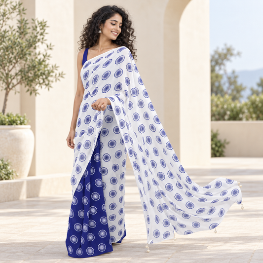Indigo Chakra Georgette Saree with Contrast Pallu