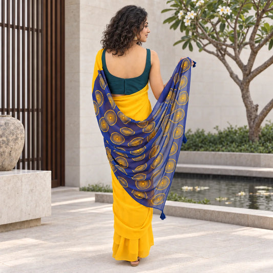 Golden Chakra Georgette Saree
