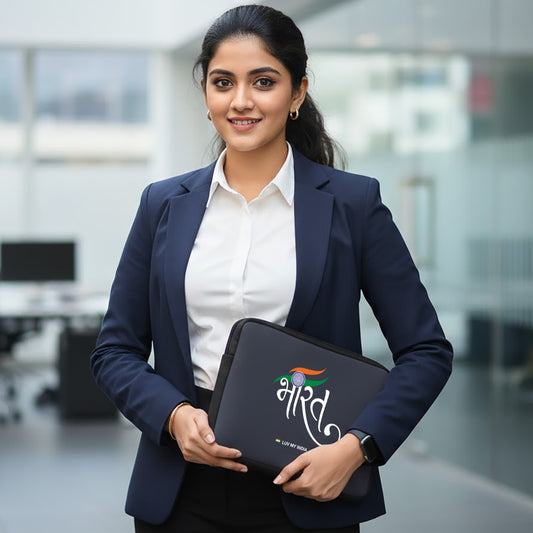 Bharat | Patriotic Black Sleeve Case Cover Laptop Bag For Men & Women | Luv My India 14.5x11 Inch Waterproof Shock Absorber Laptop/MacBook, Office/College Laptop Bag | 3 Layer Padded Polyester Sponge Laptop Bag