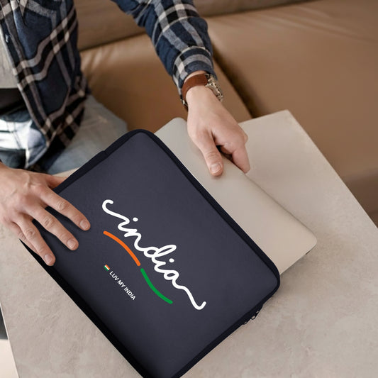 India | Patriotic Stylised Black Sleeve Case Cover Laptop Bag For Men & Women | Luv My India 14.5x11 Inch Waterproof Shock Absorber Laptop/MacBook, Office/College Laptop Bag | 3 Layer Padded Polyester Sponge Laptop Bag