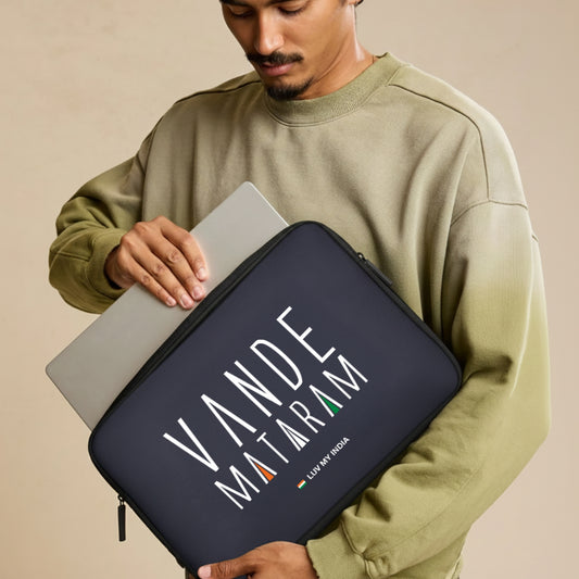 Vande Mataram | Patriotic Black Sleeve Case Cover Laptop Bag For Men & Women | Luv My India Defence Collection | 14.5x11 Inch Waterproof Shock Absorber Laptop/MacBook, Office/College Laptop Bag | 3 Layer Padded Polyester Sponge Laptop Bag