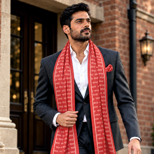 Bharat Signature Print | Premium Modal Silk Stole and Pocket Square Set | Red