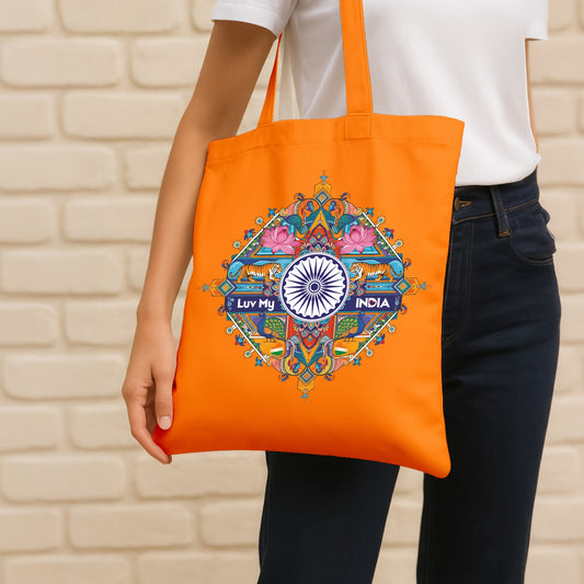 National Symbols | Patriotic Cotton Canvas Tote Bag | Luv My India Spacious 14x13.5 Inch Multipurpose Carry-All