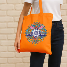 National Symbols | Patriotic Cotton Canvas Tote Bag | Luv My India Spacious 14x13.5 Inch Multipurpose Carry-All