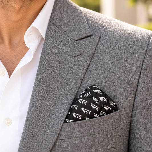 Bharat Signature Print | Premium Modal Silk Stole and Pocket Square Set | Black