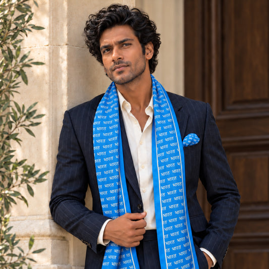 Bharat Signature Print | Premium Modal Silk Stole and Pocket Square Set | Light Blue