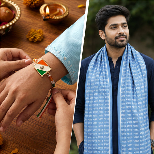 Tiranga Bandhan Gold-Finish Handmade Rakhi & Modal Silk Stole Combo
