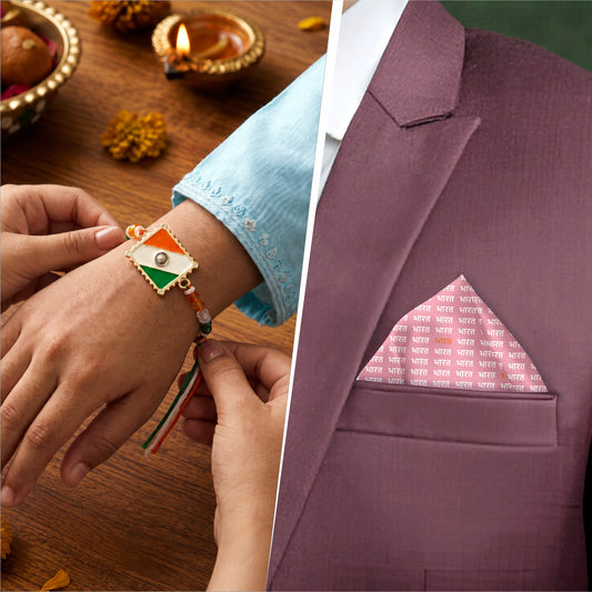 Tiranga Bandhan Gold-Finish Handmade Rakhi & Bemberg Vegan Silk Pocket Square Combo
