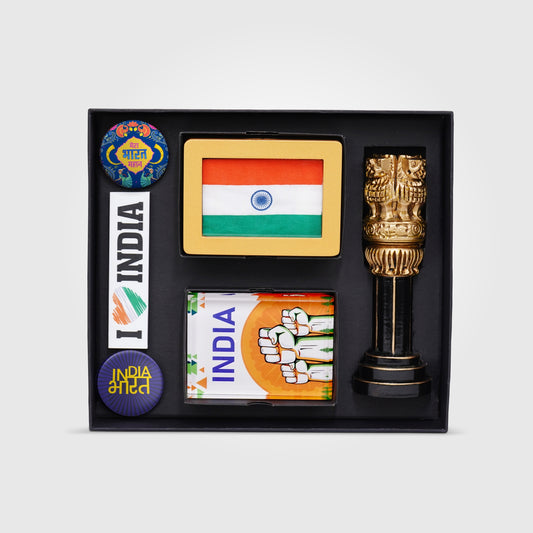 Gift Hamper | Luv My India Gift Hamper For Corporate & Personal Gifting | Khadi Tiranga 4x3 Inch Brown Frame | Patriotic Badges | 6 Inch Ashoka Stambh | Paperweight | Fridge Magnet