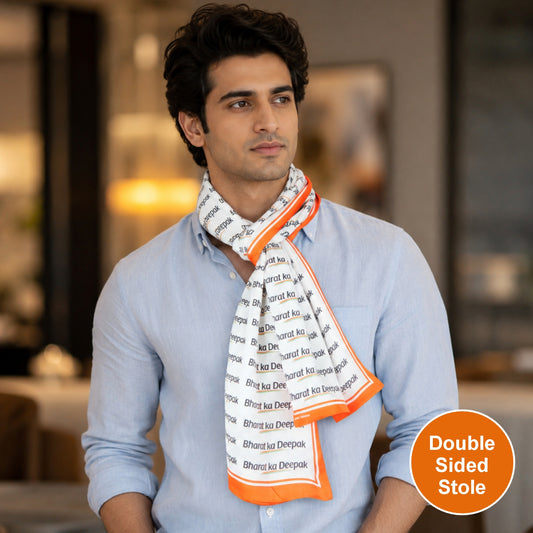 Your Name Bharat Pride Personalised Modal Silk Stole | Unisex | White & Saffron | Dual-Sided Print