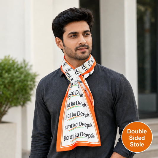 Your Name Bharat Pride Large Print Personalised Modal Silk Stole | Unisex | White & Saffron | Dual-Sided Print